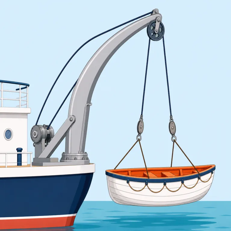 davit（ボート揚降装置・名詞）の覚え方イラスト — まず `lifeboat davit` という固まりで覚えると定着しやすい語です