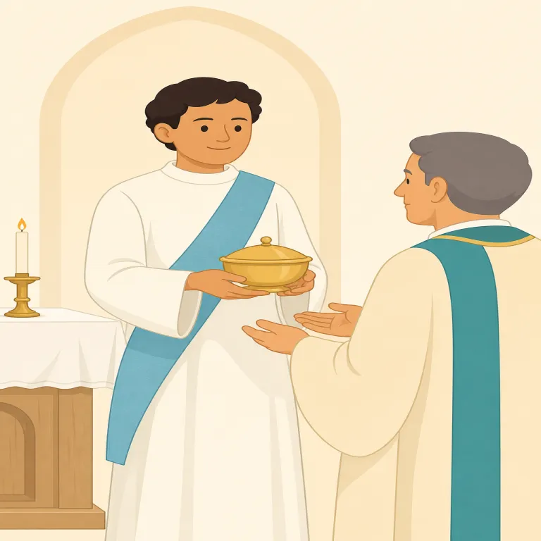 deacon（助祭・名詞）の覚え方イラスト — deacon は、教会で前に立つ priest や pastor そのものというより、「礼拝や奉仕を支える補佐役」として固めると覚えやすい語です