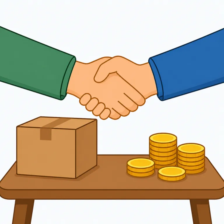 deal（取引・名詞）の覚え方イラスト — deal は「ただ売買する」より、「相手と条件を詰めて話をまとめる」とセットで覚えると残りやすい