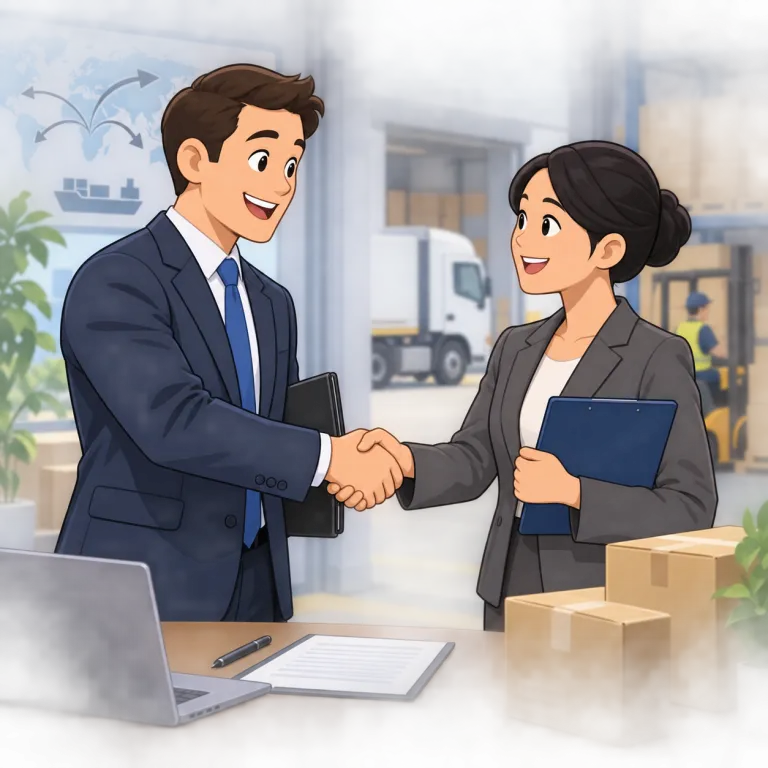deal with（取引する・phrasal_verb）の覚え方イラスト