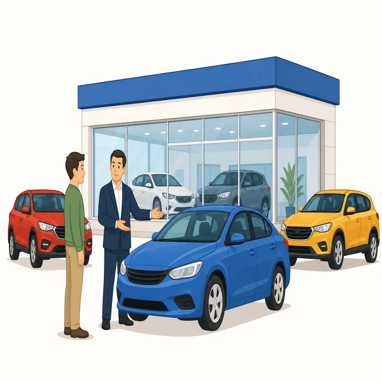 dealership（販売店・名詞）の覚え方イラスト — この意味では dealership を「販売代理店」という資格や契約関係ではなく、実際に客が商品を見たり買ったりする販売店として捉えます