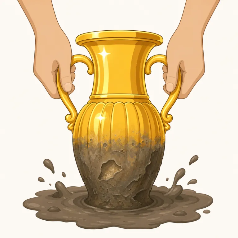debase（価値を下げる、品位を落とす・動詞）の覚え方イラスト — de- は「下へ・下げる」、base には名詞の「土台」だけでなく形容詞で「低い・卑しい」の感覚もあると押さえると、debase は「格を下の段へ落とす」とイメージし…