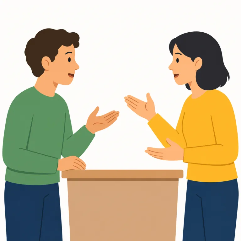 debate（討論会・名詞）の覚え方イラスト — debate は名詞では、ただの talk や conversation ではなく、立場の違う人が根拠を出し合う「討論の場・やり取り」を表す
