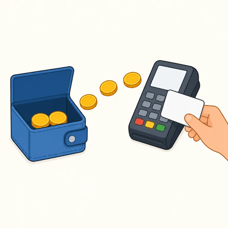debit（引き落とす・動詞）の覚え方イラスト — 動詞 debit は、請求日になると月額料金が口座からすっと差し引かれる場面で覚えるのが自然です