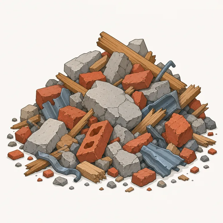 debris（瓦礫・名詞）の覚え方イラスト — このエントリの debris は、建物が崩れた後に積もる「瓦礫」として覚える用法です