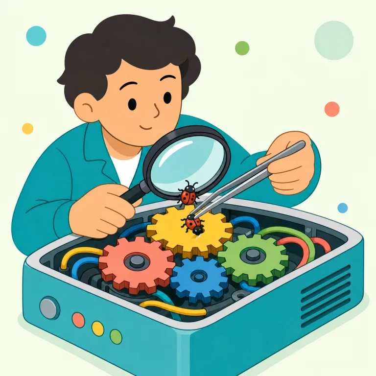 debugging（デバッグ・名詞）の覚え方イラスト — 「bugを直す一連の作業」とまとまりで覚えると定着しやすい語です