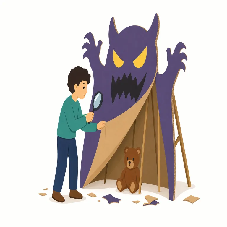 debunk（誤りを暴く・動詞）の覚え方イラスト — debunk は、まずよく見る de- を「外す・取り除く」と意識すると覚えやすい語