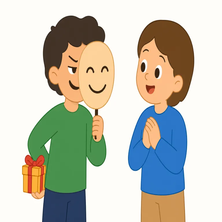 deceive（騙す・動詞）の覚え方イラスト — このエントリの「騙す」は、同じ deceive の基本義「だます」と別に、漢字表記でやや硬く見える訳語として意識すると覚えやすいです