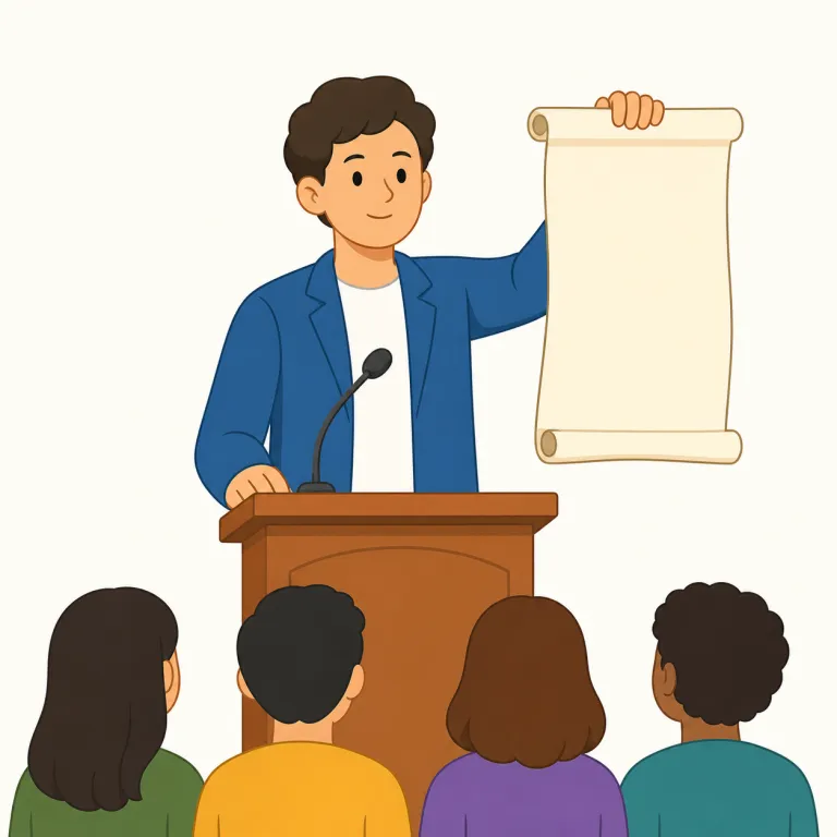 declaration（宣言・名詞）の覚え方イラスト — declaration は declare「宣言する」の名詞形で、立場・方針・独立などを正式に外へ示す行為や文書を指します
