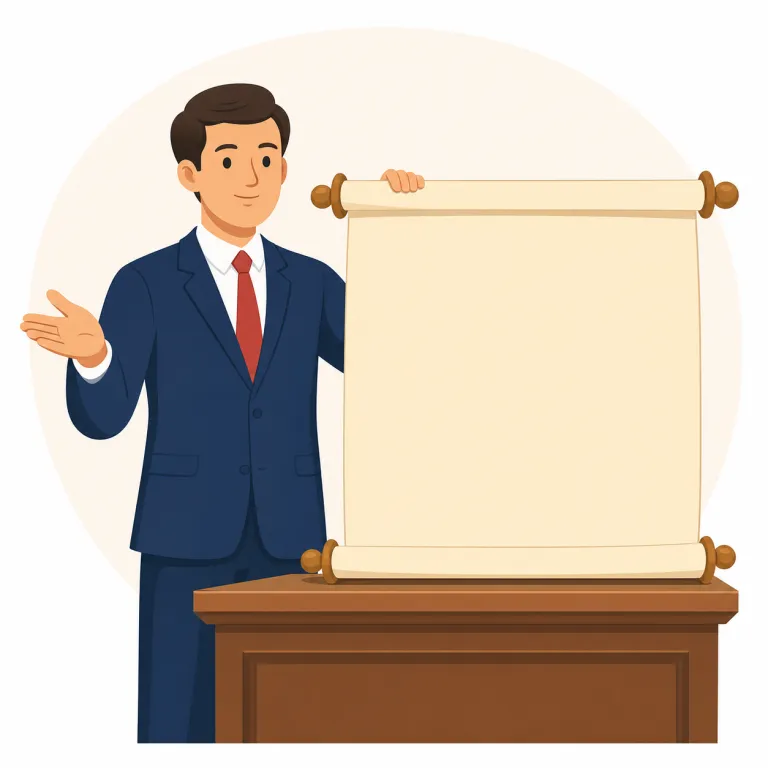 declaratory（宣言的な・形容詞）の覚え方イラスト — この「宣言的な」は、declaratory の「申告の」という実務的な意味とは別に、何かを公式に述べて権利・立場・状態を明らかにする性質を表します