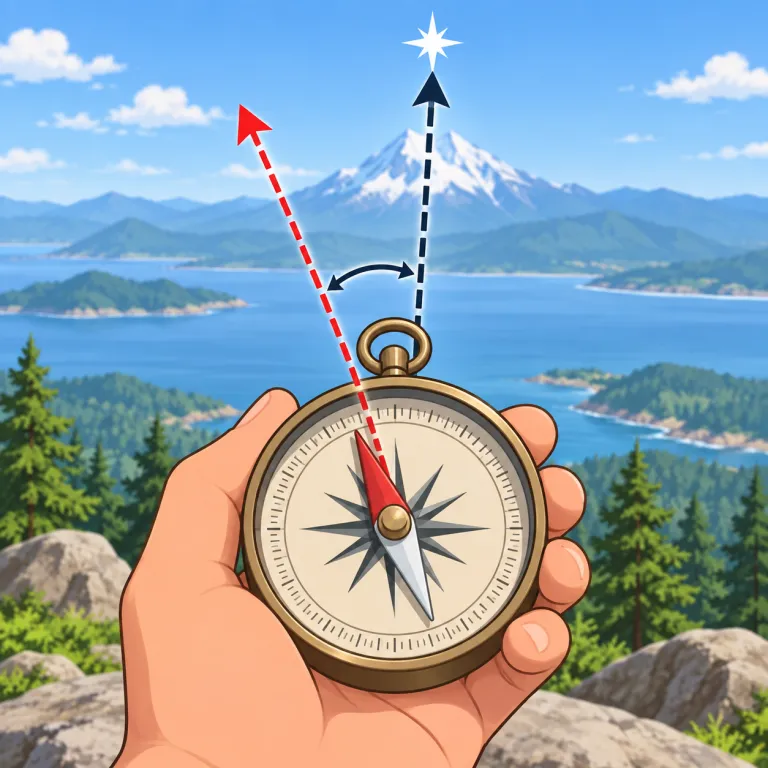 declination（磁気偏角・noun）の覚え方イラスト