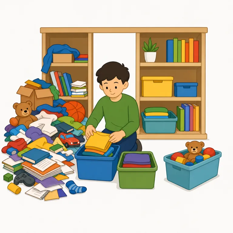 decluttering（整理整頓・名詞）の覚え方イラスト — decluttering は clutter（散らかった物・ごちゃごちゃ）を de- で取り除いていく感覚