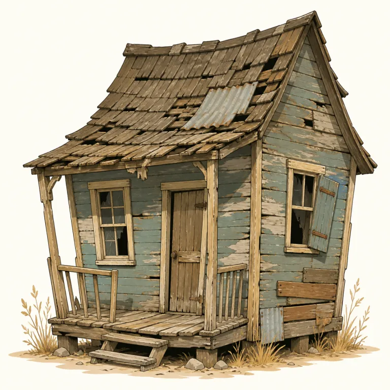 decrepit（老朽化した・形容詞）の覚え方イラスト — 「old」より一段悪く、見た目も機能も弱って「もう限界」という感じと結びつけると覚えやすいです