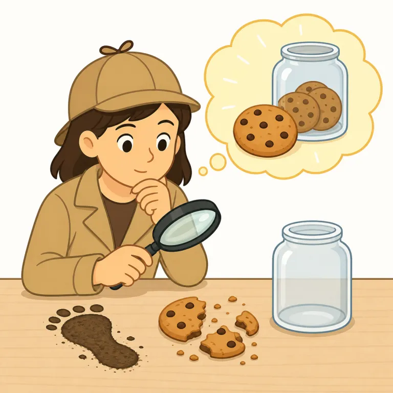 deduce（推論する・動詞）の覚え方イラスト — deduce は "guess" ではなく、clue や fact を順に積み上げて結論を出す語