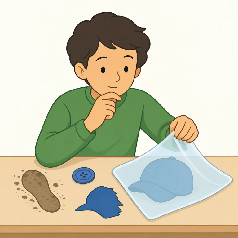 deducing（推論して・動詞）の覚え方イラスト — deducing は deduce の進行形で、「今まさに手がかりから結論を組み立てている」と捉えると残りやすいです