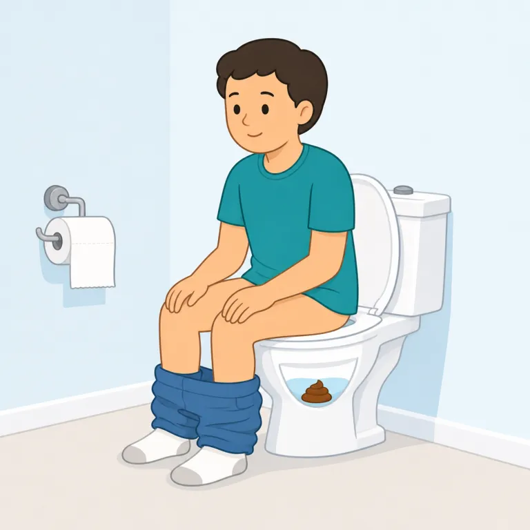 defecating（排便している・動詞）の覚え方イラスト — defecating は defecate の -ing 形