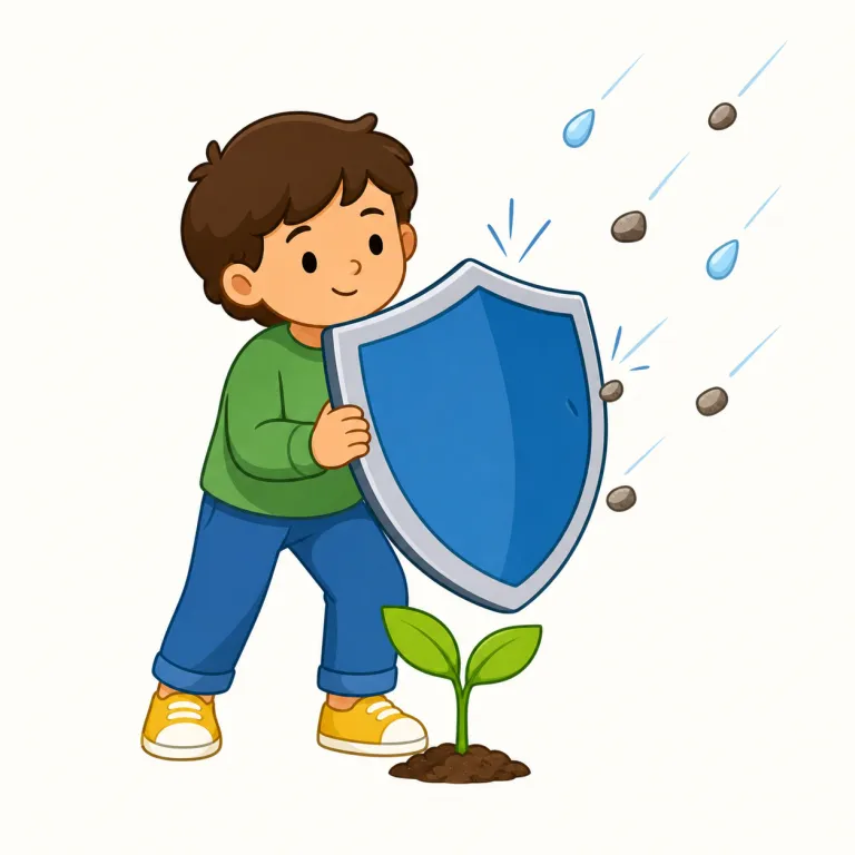 defend（守る・動詞）の覚え方イラスト — この defend は、物理的な攻撃・危険・失点などから「守る」場面で使う意味として覚えます