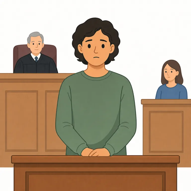defendant（被告・名詞）の覚え方イラスト — defend（守る）や defense（弁護・防御）を知っていれば、defendant は「訴えに対して自分を守る立場の人」とつながる