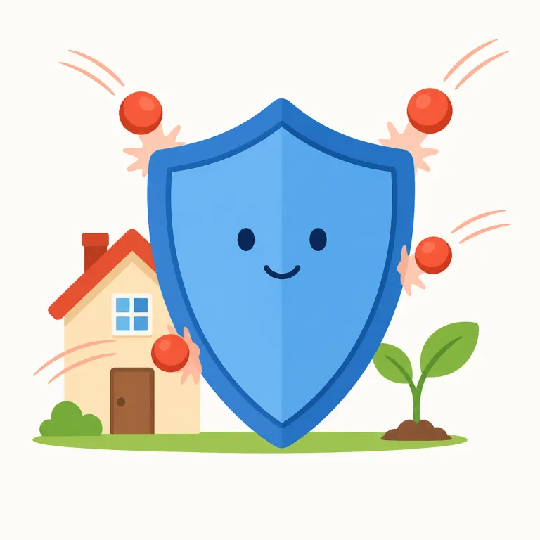 defense（防御・名詞）の覚え方イラスト — defense は defend「守る」から来た名詞で、攻撃や危険を受け止めて被害を防ぐ仕組み・行動を表します