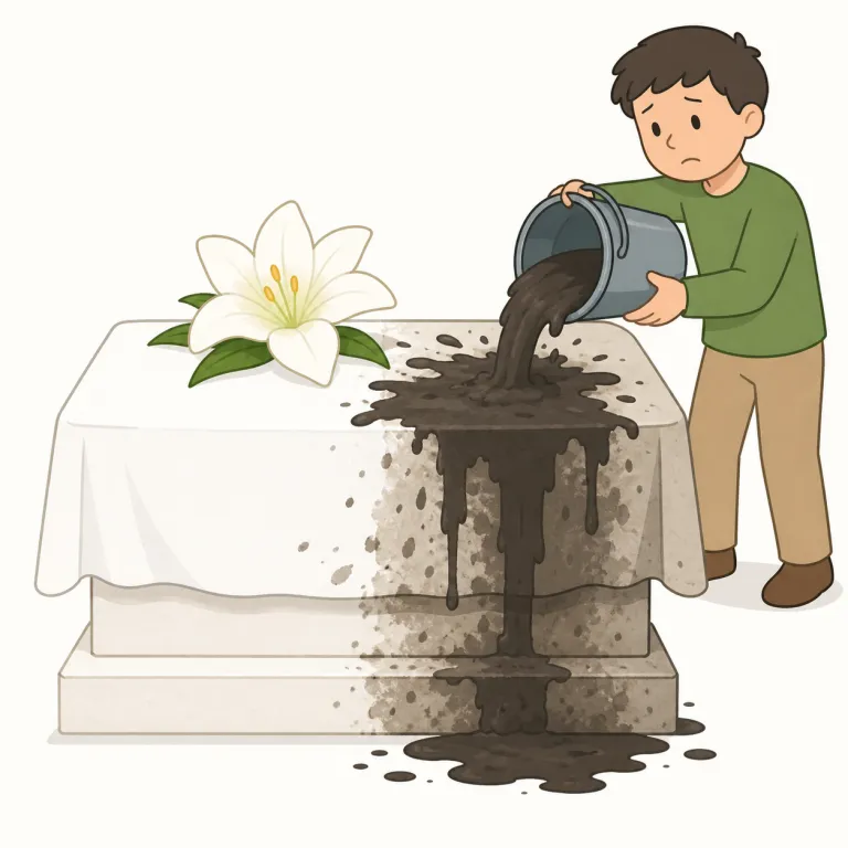 defiling（汚す・動詞）の覚え方イラスト — defiling は dirty や polluting より重く、「神聖なもの・尊厳あるものをけがす」場面で覚えると残りやすい