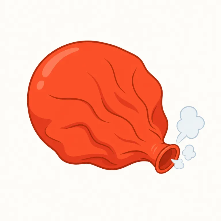 deflate（しぼむ・動詞）の覚え方イラスト — このエントリでは、物理的に何かを「しぼませる」基本義ではなく、気分・自信・熱意などがしゅんと小さくなる感覚を表す用法として覚えます