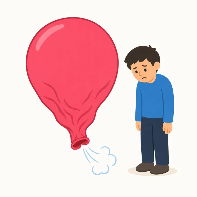 deflating（しぼみつつある、意気をくじくような・形容詞）の覚え方イラスト — inflate「ふくらませる」を知っていれば、その反対として deflate は「ふくらみをしぼませる」とつながります