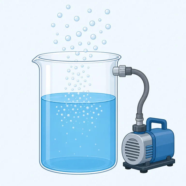 degassing（脱気・名詞）の覚え方イラスト — `de-` は「取り去る」、`gas` はそのまま「気体」と見れば、`degassing` は「中の気体を抜く処理」とかなり素直に読めます