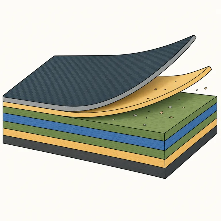 delamination（層間剥離・名詞）の覚え方イラスト — laminate（積層する、ラミネート加工する）を知っていれば、その逆向きの接頭辞 de- が付いた delamination は「積層がほどけ、layer と layer…