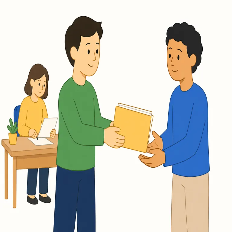 delegate（委任する、任せる・動詞）の覚え方イラスト — 名詞 delegate「送り出された代表者」から、動詞では「自分の権限を相手へ送り渡す」と考えると覚えやすい