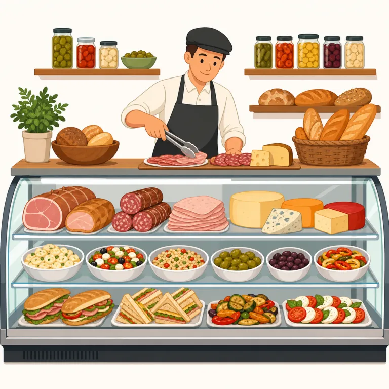 delicatessen（デリカテッセン・名詞）の覚え方イラスト — まずは短縮形の deli でセットで覚えると実用的です