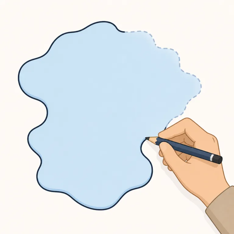 delineate（描写する、詳述する・動詞）の覚え方イラスト — delineate は line / linear の「線」の感覚を含みますが、基本義では実際に線を引くより、話や文章の中で内容の形が見えるように説明するイメージです