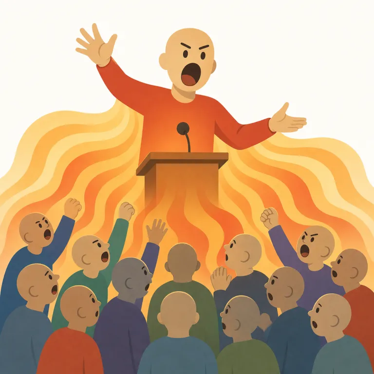 demagogue（民衆扇動家・名詞）の覚え方イラスト — demo- を democracy と同じ「people」の印として覚えると入口が作れます