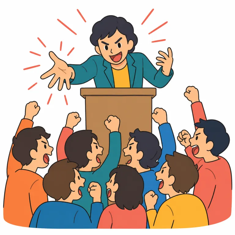 demagoguery（大衆扇動・noun）の覚え方イラスト