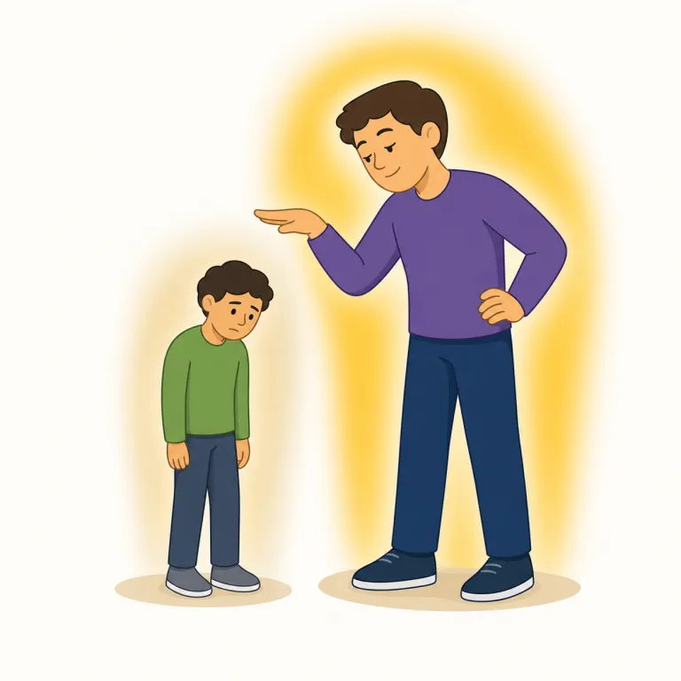 demean（貶める・動詞）の覚え方イラスト — mean に「意地悪な・卑劣な」という感覚を持っていると、demean は de- が加わって「相手を一段下に扱い、みじめな気分にさせる」とつながる