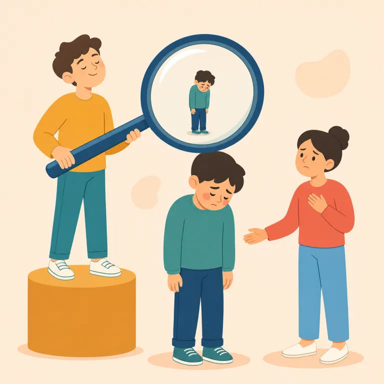 demeaning（屈辱的な・形容詞）の覚え方イラスト — mean に「意地悪な・卑劣な」の感覚があると、demeaning は「相手を下に置くような、尊厳を傷つける言動」と結びつけて覚えやすいです
