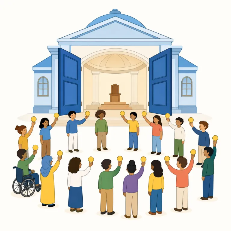 democratisation（民主化・名詞）の覚え方イラスト — このエントリでは democratisation を、政治体制の民主主義化という基本義とは切り分けて、「特定のものを一部の人だけでなく広い人々に開く過程」として覚えます