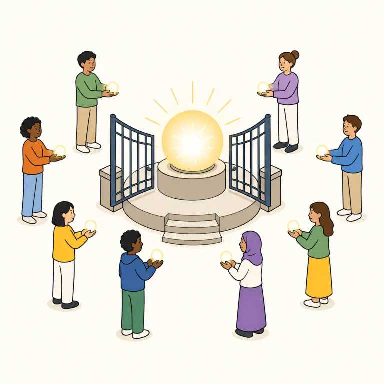 democratizing（民主化する・動詞）の覚え方イラスト — democracy を知っていれば核はつかみやすく、democratize は「民主主義っぽくする」より「一部の人だけのものを、広くみんなが使える・参加できる状態にする…
