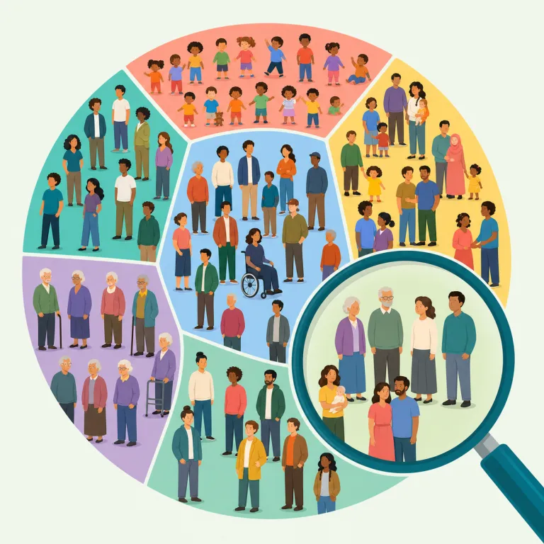 demography（人口学・名詞）の覚え方イラスト