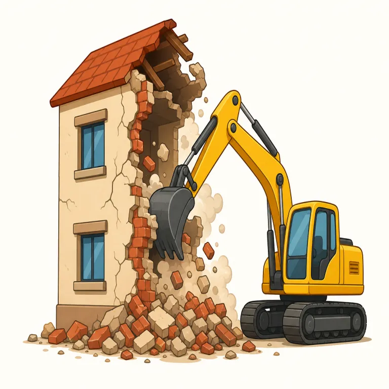 demolish（取り壊す・動詞）の覚え方イラスト — このエントリの demolish は、建物や橋などの構造物を計画的に「取り壊す」意味として覚えます