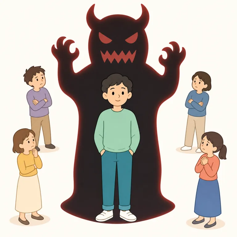 demonise（悪魔化する・動詞）の覚え方イラスト — まず demon が見えれば「悪魔扱いする」方向に意味を寄せやすい