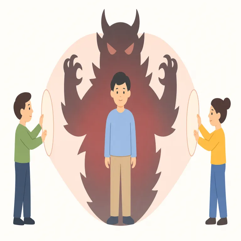 demonize（悪魔化する・動詞）の覚え方イラスト — demon が分かれば覚えやすい語です