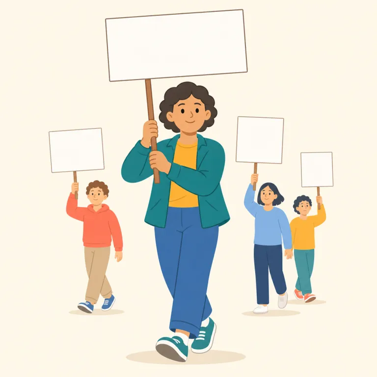 demonstrator（デモ参加者、示威運動参加者・名詞）の覚え方イラスト — デモで自分たちの考えを「示す」人、と考えると覚えやすいです