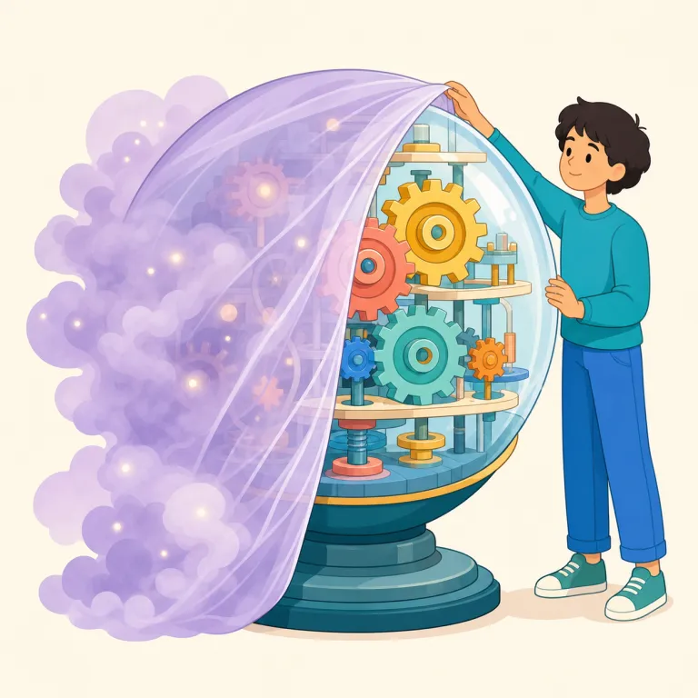demystification（脱神秘化・名詞）の覚え方イラスト — de-「取り除く」＋ mystification「神秘化・煙に巻くこと」と分解し、「謎めいた覆いを外す過程」と捉えると定着しやすい語です