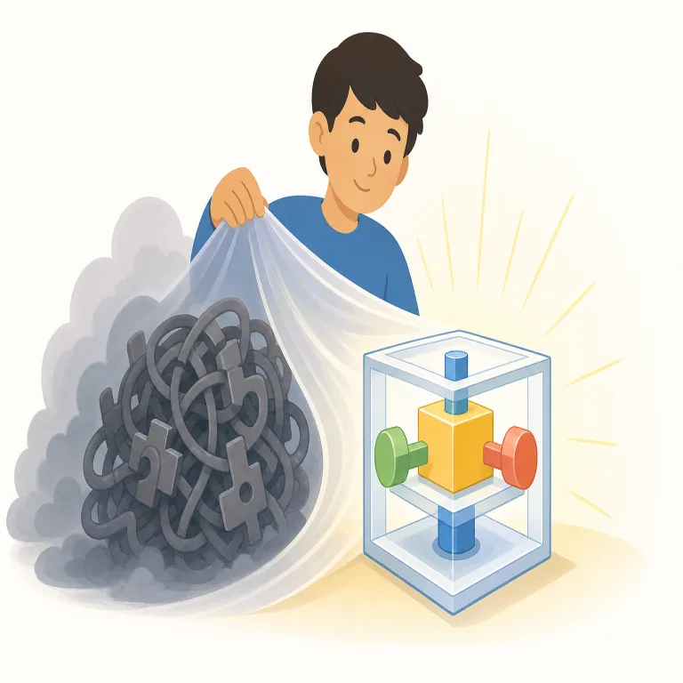 demystifying（わかりやすく説明する、難解さを取り除く・動詞）の覚え方イラスト — mystery が「謎」だと分かれば、demystify は de-「取り去る」と合わせて「謎っぽさを外す」と捉えると覚えやすいです