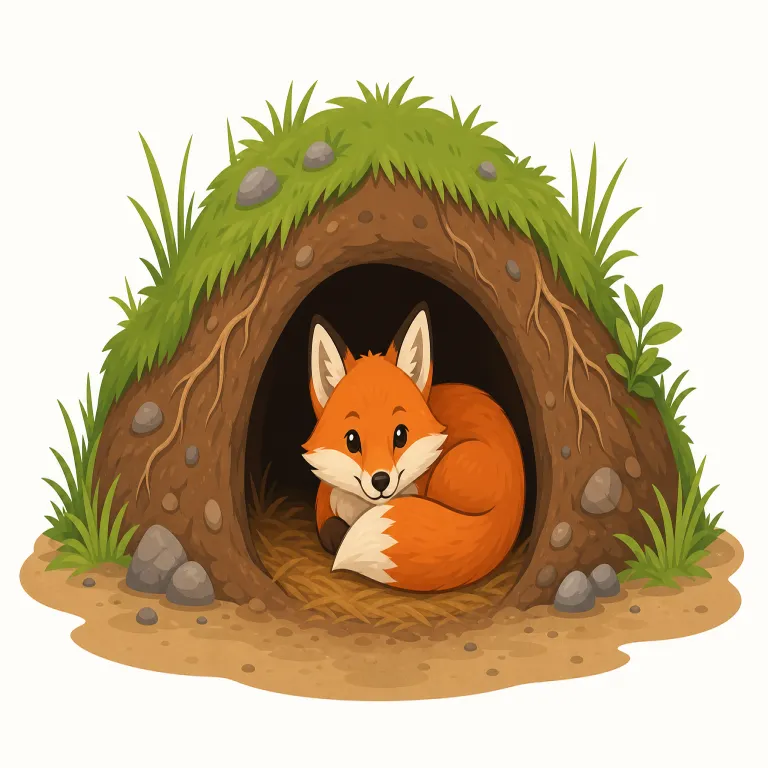 den（巣穴・名詞）の覚え方イラスト — この意味の den は、人の部屋ではなく「野生動物が身を隠して休むすみか」として覚えます
