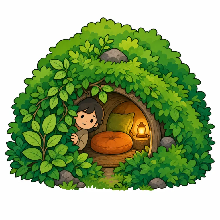 den（隠れ家・noun）の覚え方イラスト