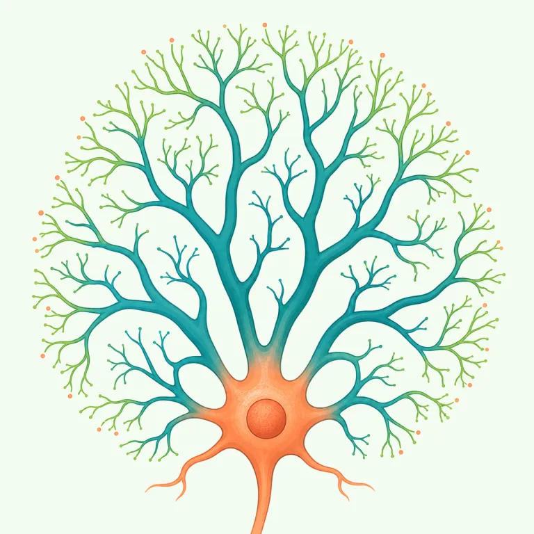 dendritic（樹状の・形容詞）の覚え方イラスト — まず dendrite（樹状突起）や rhododendron を見たことがあれば、dendr- は「木・枝分かれ」の仲間だとまとめて覚える