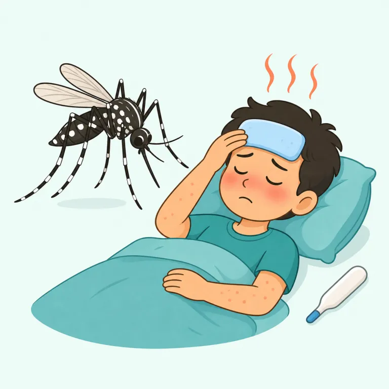 dengue（デング熱・名詞）の覚え方イラスト — 医療ニュースではほぼ dengue fever の形で出るので、まず fever とセットで覚えるのが近道です