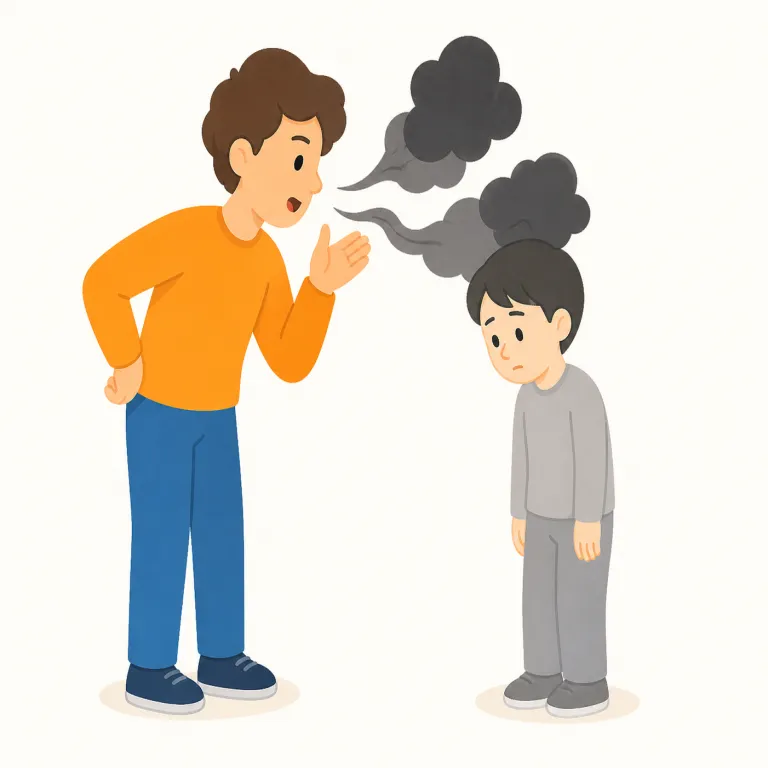 denigrate（けなす・動詞）の覚え方イラスト — denigrate は「ただ批判する」より一段強く、相手の価値や評判を下げるように悪く言う語