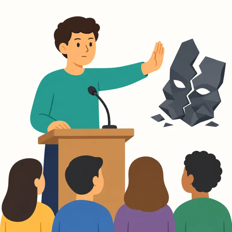 denounce（非難する・動詞）の覚え方イラスト — denounce は approve「認める」と反対方向に、公の場で「それは間違っている」と強く言う語です